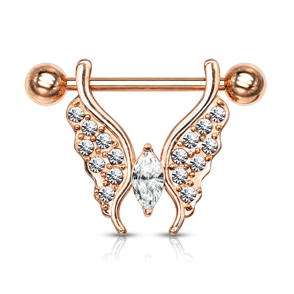 14G Marquise Paved Butterfly Surgical Steel Barbell Nipple Rings (14MM)